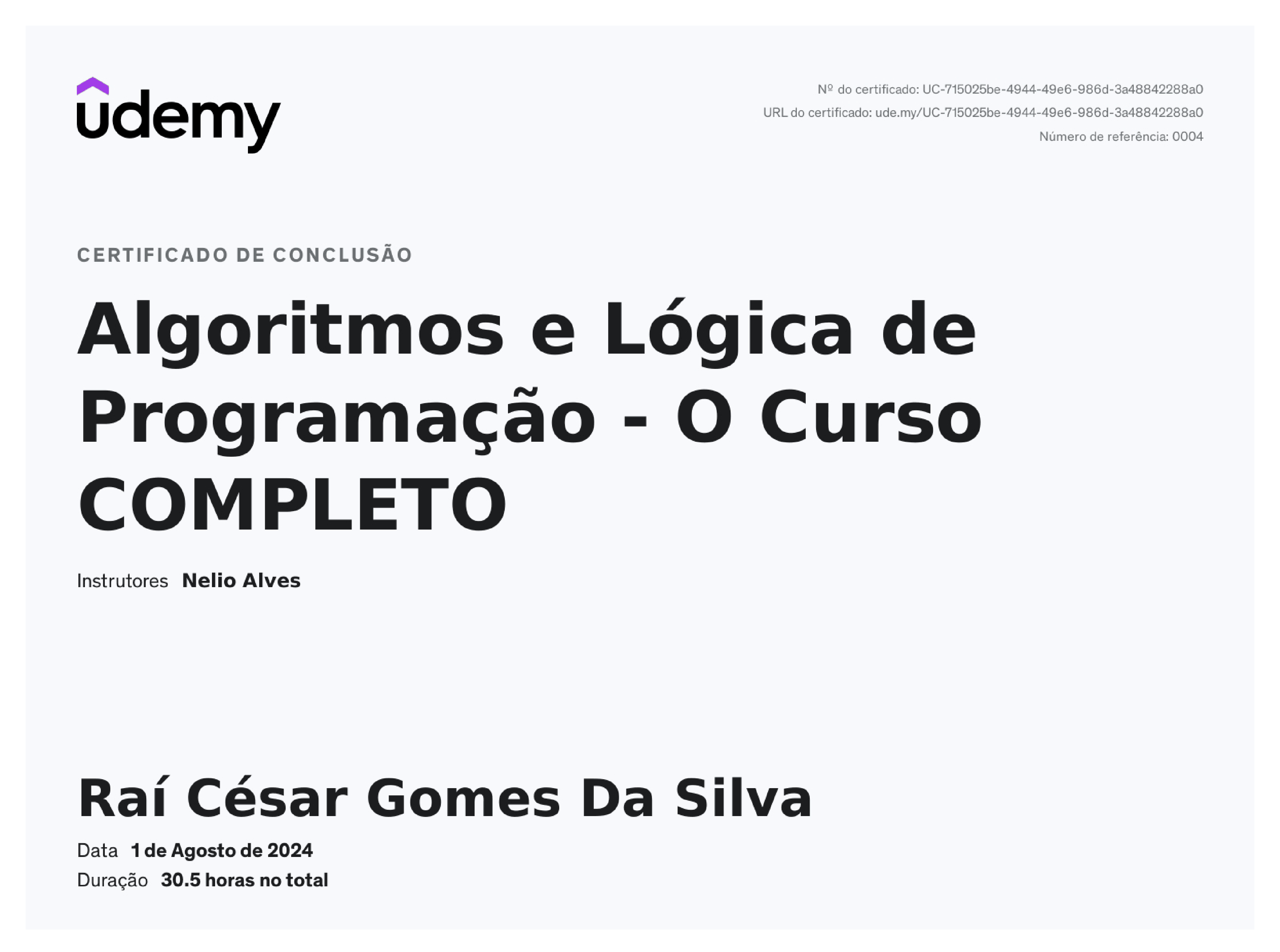 Certificado Algoritmos e Lógica - Udemy