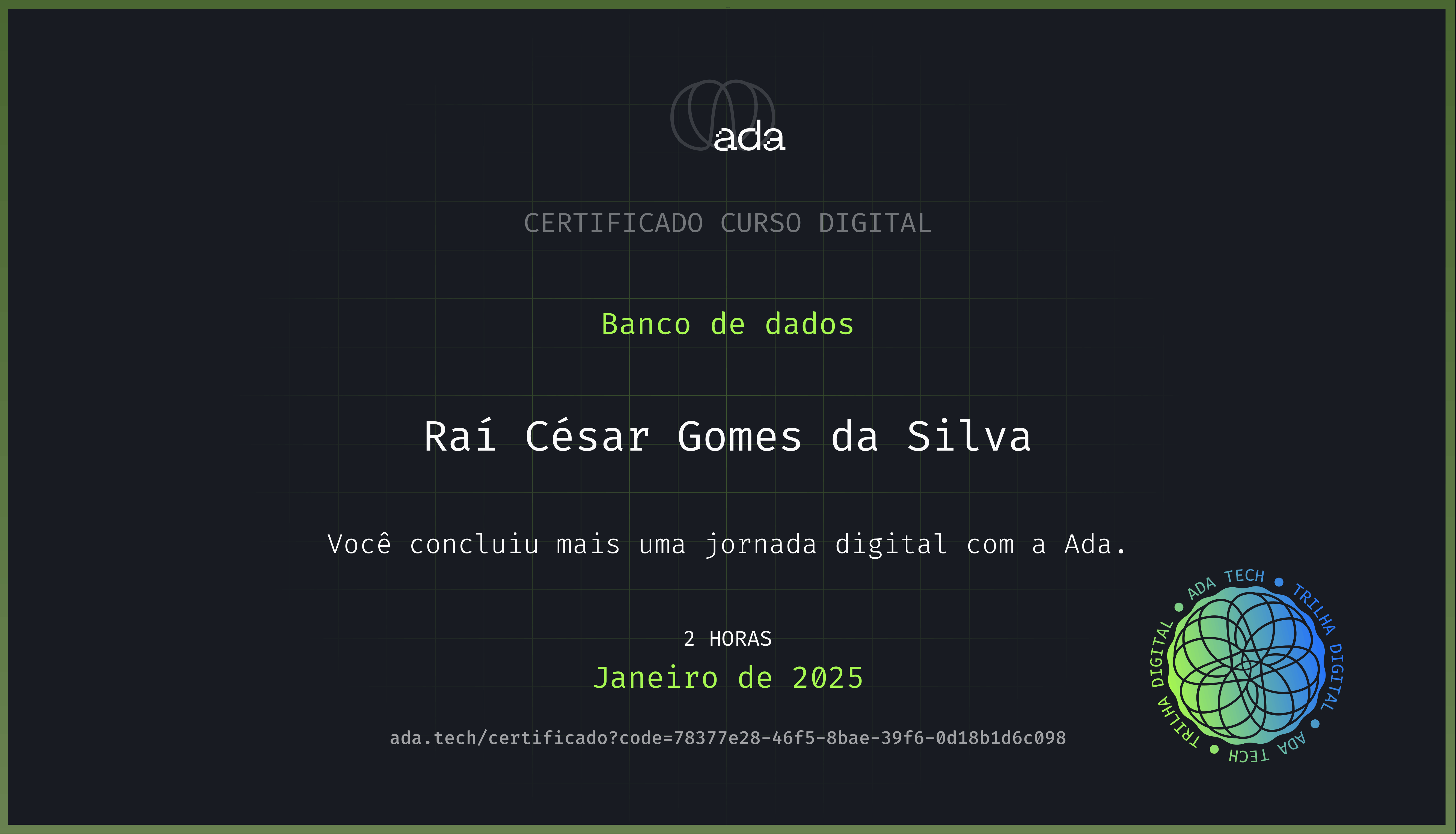 Certificado Banco de Dados - Ada