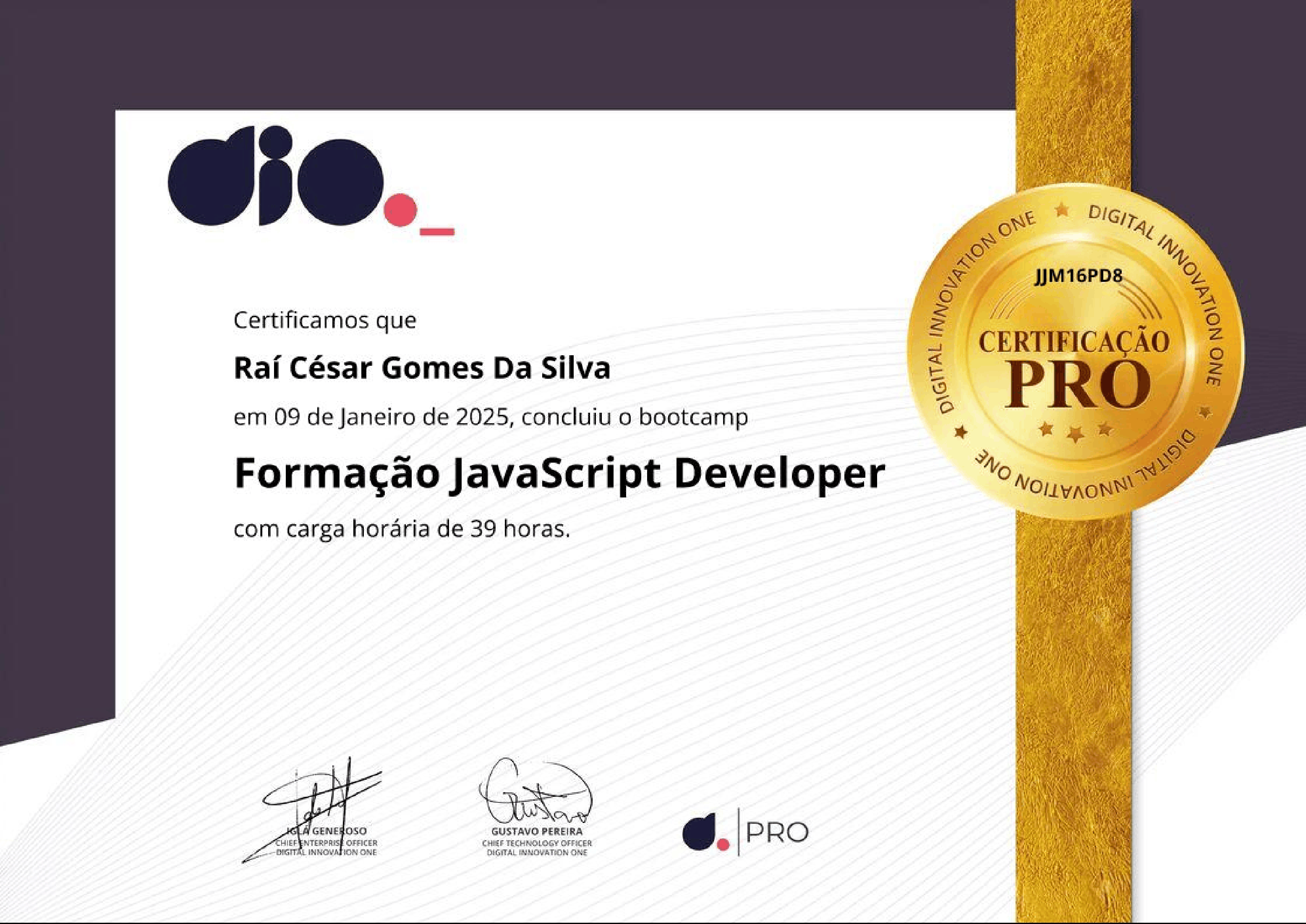 Certificado Formação JavaScript - DIO